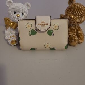Coach Cream Wallet with Green Apple Print and Gold Logo Hardware